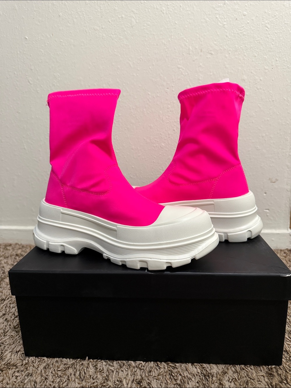 Cape Robbin Hot Pink Stretch Platform Sock Booties with White Lug Sole